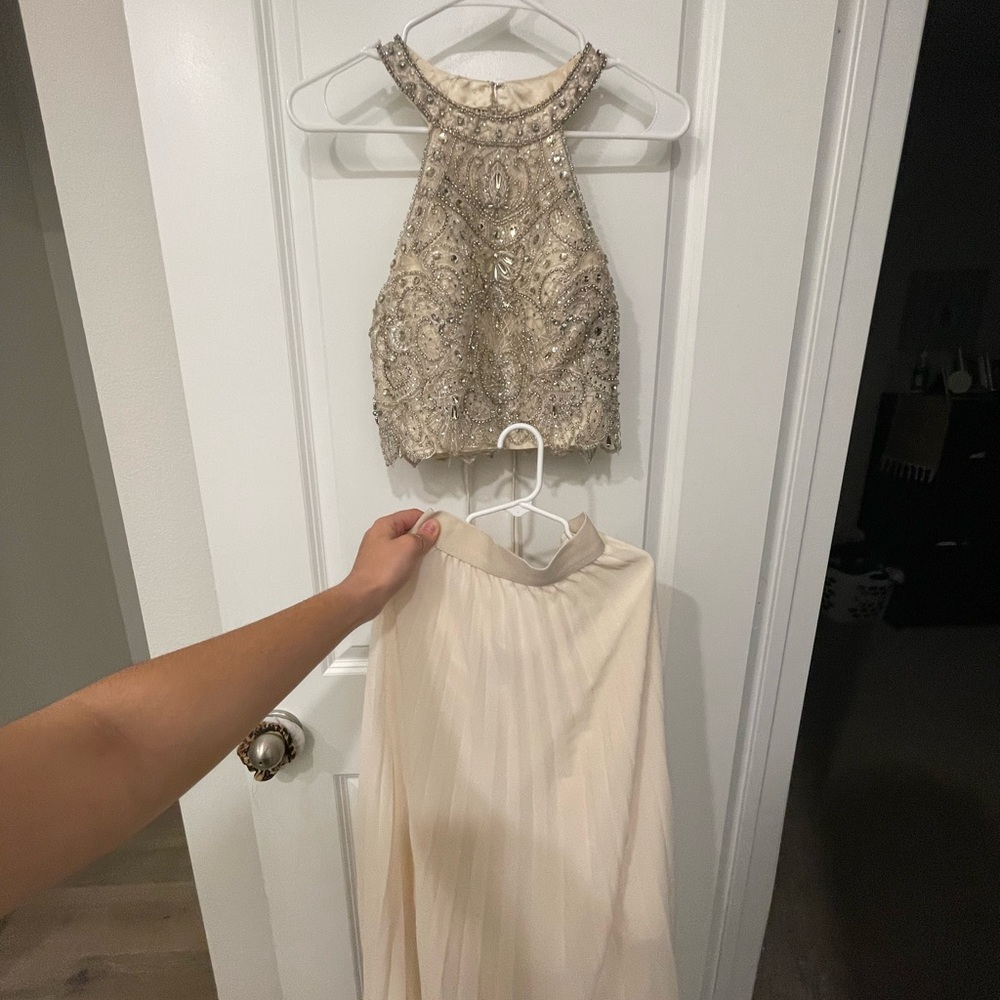 See You Monday Gold and Cream Embellished Prom Dress